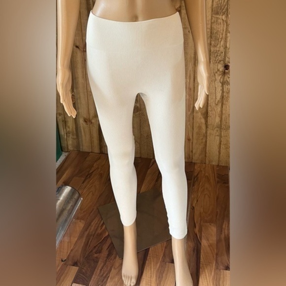 Women Ribbed Seamless Leggings High Waisted Workout Gym Yoga Pants Sz L - Picture 1 of 4
